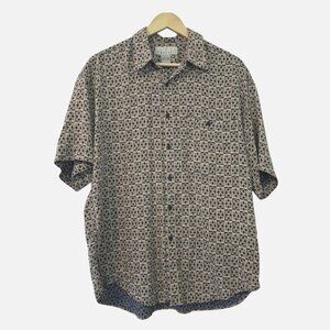 VINTAGE Men's Medium Button-Down 100% Silk Tan Navy Collared Button Up Shirt